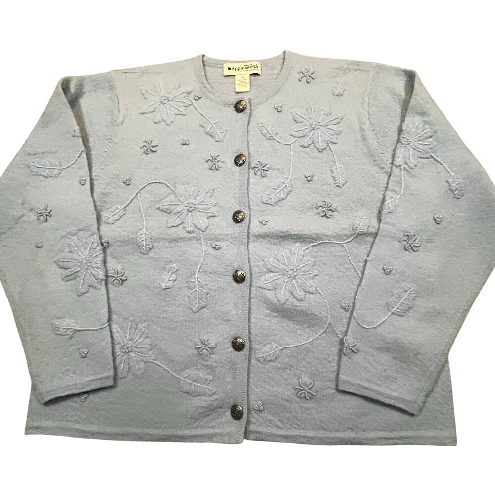 Vintage Appleseeds PXL Petite 100% Wool Embroidered Floral Button Cardigan Blue